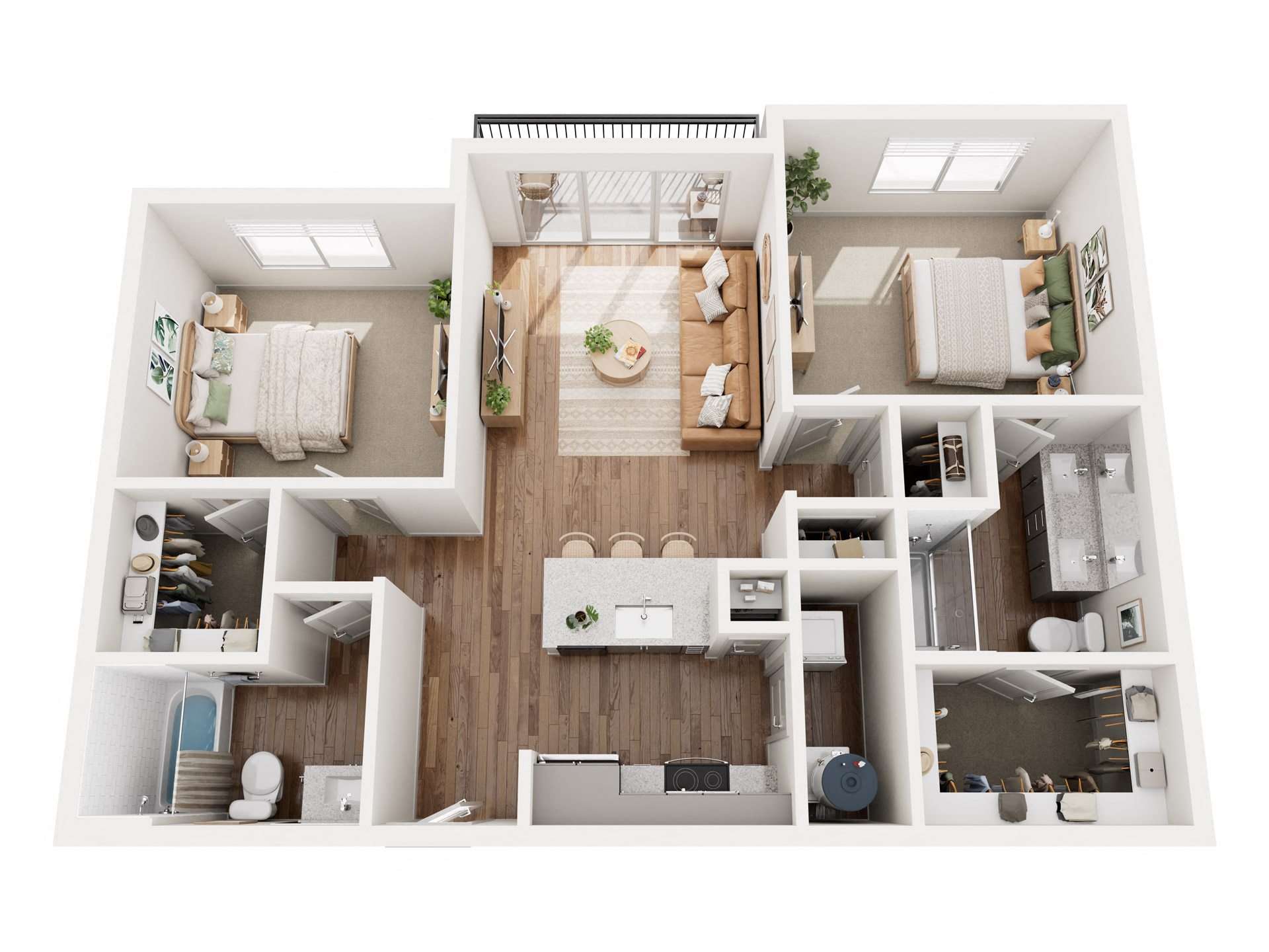 Floor plan for 2 beds, 2 baths, 973 sqft
